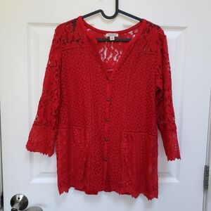 Lucky Brand Red Lace Mix V Neck Button Up 3/4 Sleeve Shirt